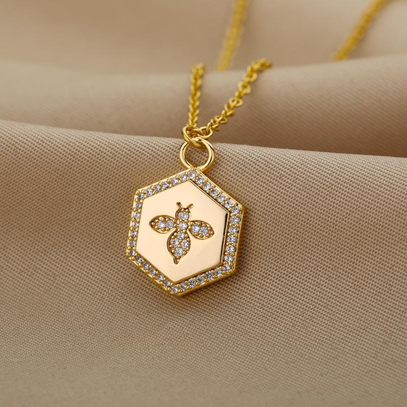 

Pendant Necklaces Zircon Hexagon Bee For Women Stainless Steel Chain Choker Charm Animal Christmas Jewelry GiftPendant