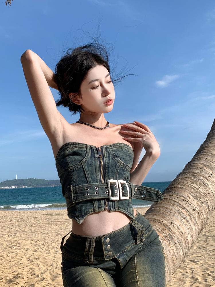 

Women' Tanks & Camis Retro Cowboy Girl Zipper Tube Top Vest Female Summer Strapless Sexy Outer Wear Inner Bottoming Shirt TopsWomen, Women tops