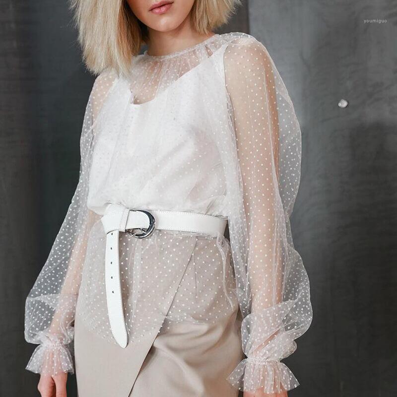 

Asia Polka Dot Blouse Women Mesh Shirtssee Through Top Sexy Shirt Neckline Lantern Sleeve Ruched White Women' Blouses & Shirts