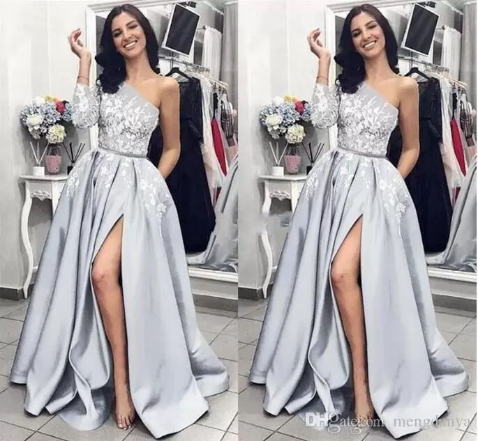 

Sequins A-line Prom Dresses Princess One Shoulder High Side Split Long Sleeve Appliques Puff Purple Sliver Tulle Lace Appliques Party Gowns Plus Size Custom Made, Green