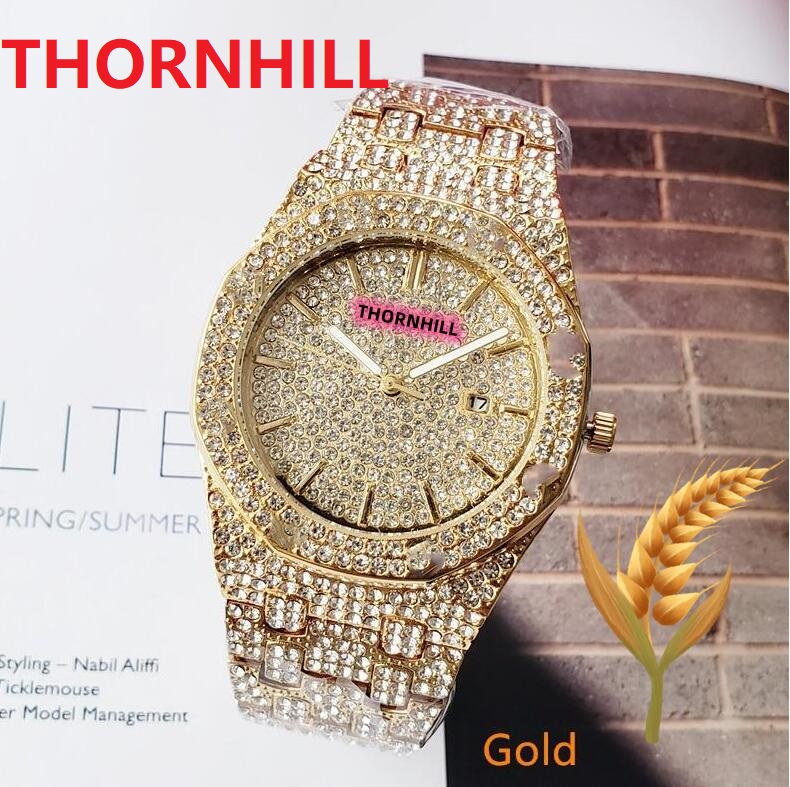 

High Quality Iced Out Men's Leisure Diamonds Watches 42mm Stainless Steel Quartz Wristwatch Rose Gold Calendar Gold Bracelet Relogio Masculino, As pic