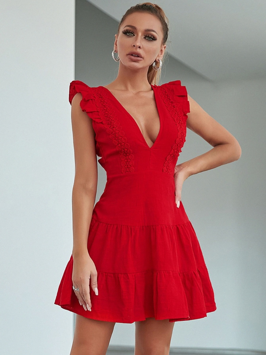 

butterfly Sleeve Lace Trim Ruffle Hem Dress U07g#, Red