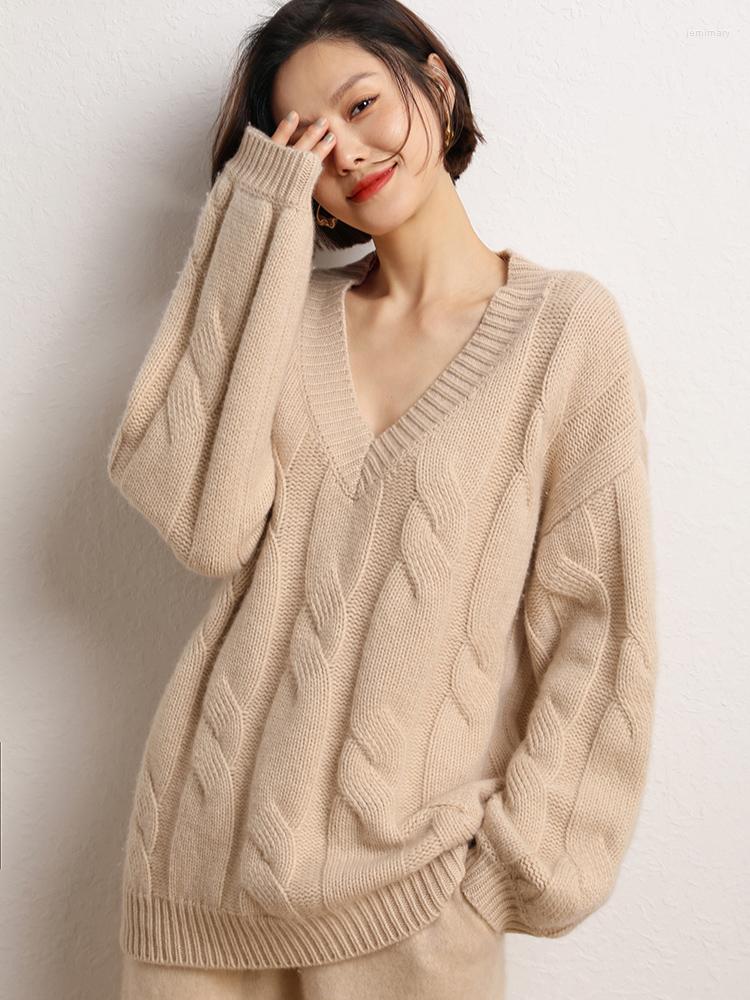 

Women's Sweaters Autumn And Winter Cashmere Twisted V-neck Loose Knit SweaterWomen's Jemi22, Blue velvet color