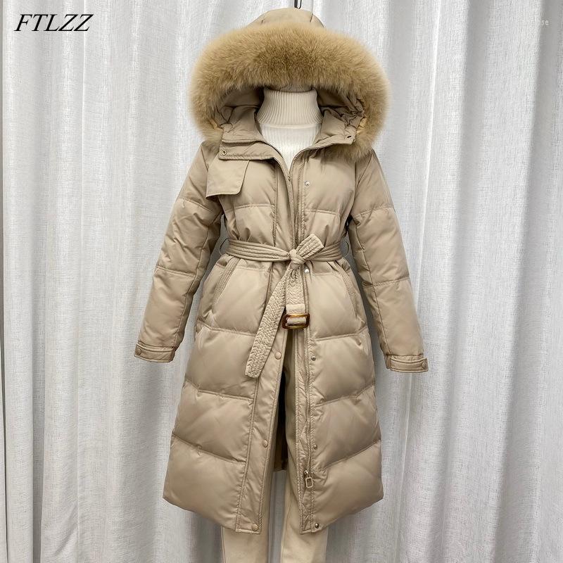 

Women' Down & Parkas FTLZZ Winter Large Real Fur Collar Hooded Feather Long Jacket Women Windbreaker Coat Fluffy Warm Thick Outwear With Be, Black