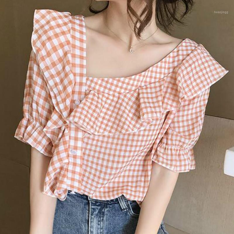 

Women' Blouses & Shirts Women Plaid Summer Ruffles Lantern Sleeve Skew Collar Loose Button Fashion High Street Pullovers Korean Tops, Black
