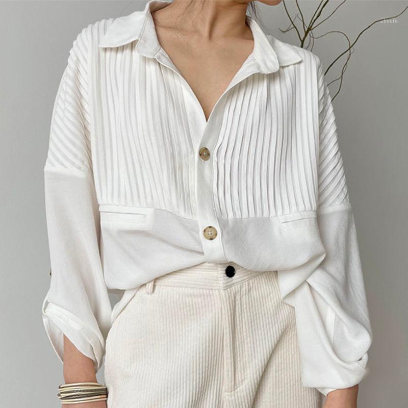 

Women' Blouses & Shirts White Cotton Casual Blouse For Women Lapel Long Sleeve Patchwork Solid Shirt Female Fashionable Clothing Spring Sty