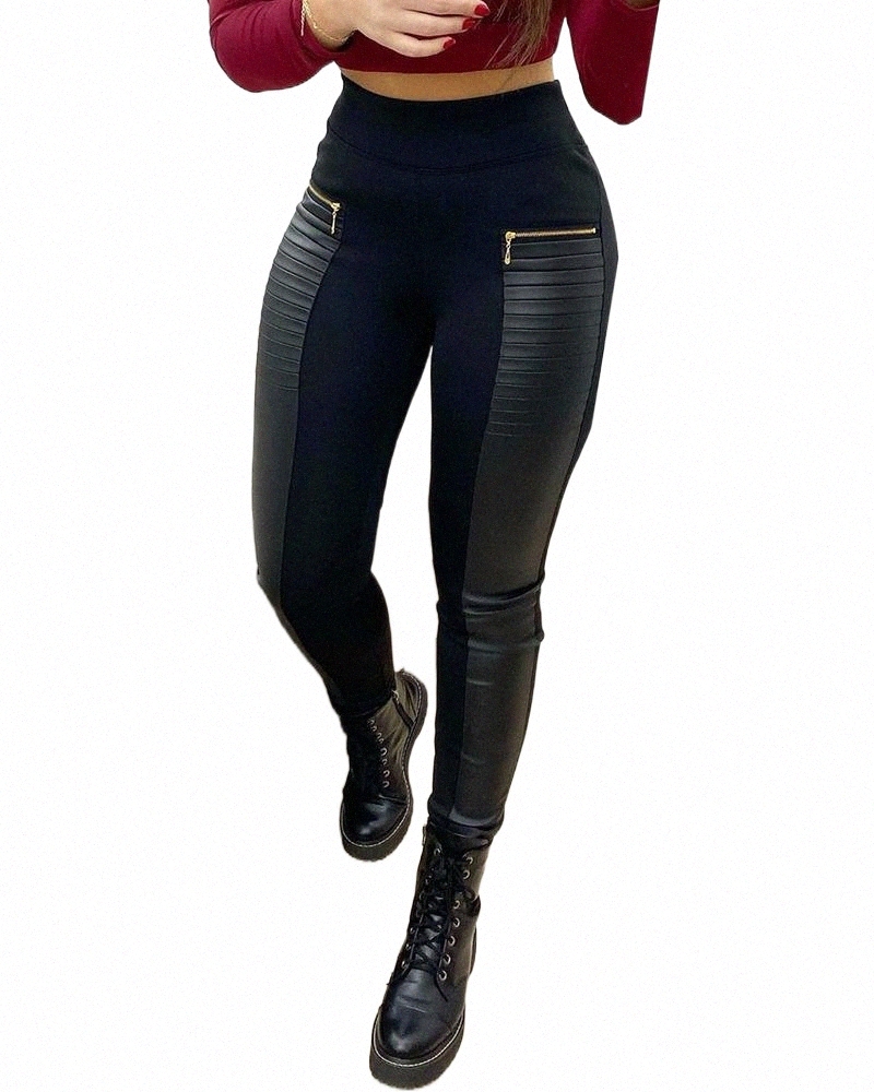 

women' Pants & Capris PU Leather 2021 Fashion Women Fall Pre-Fall Elegant Casual Contrast Zipper Design High Waist Skinny Sexy Leggings Jog 1554#, Wine-red