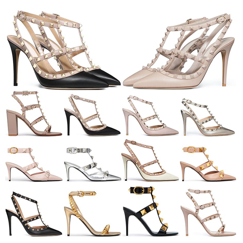 

Designers high heel Dress Shoes Ankle Strap Roman Stud black nude sliver with Rivets womens stiletto chunky heels 60 80 100 MM poi271A