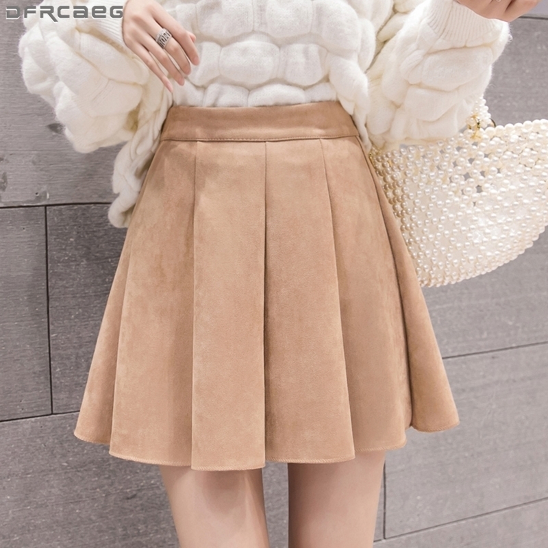 

Kawaii Mini Pleated Skirt Autumn Winter Velvet Suede Skirt High Waist Aline Skater Skirt School Brown Pink Black Saias Y200326