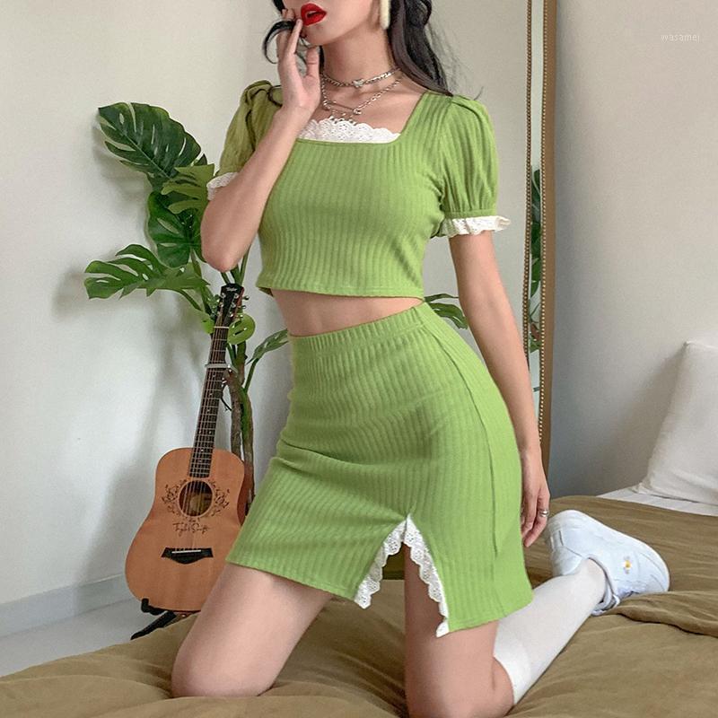 

Skirts European And American Casual Fashion Two-piece Lace Girly Style Short-sleeved T-shirt High Waist Bag Hip Slit Skirt Suit Trendy, Light green