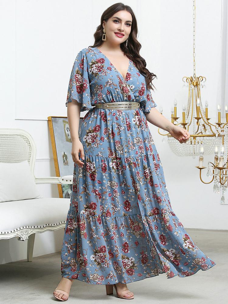 

Plus Size Dresses Summer Women Large Elegant Maxi 2022 Floral Boho Short Sleeve Oversized Party Evening Festival ClothingPlus, Blue