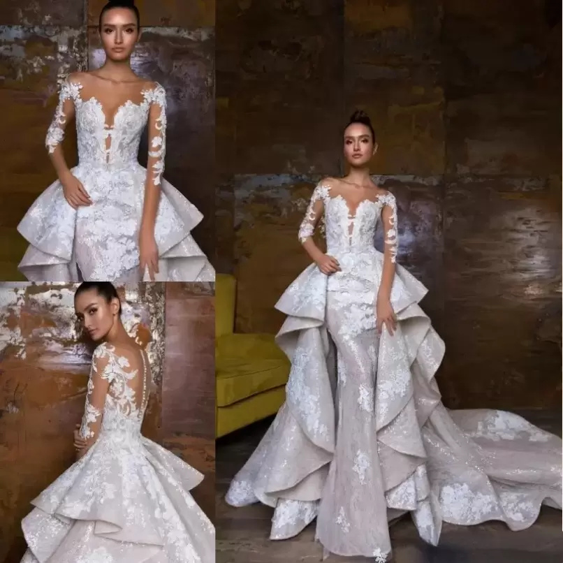 

2022 The New Mermaid Wedding Dresses With Detachable Train Long Sleeves Organza Hemline Lace Appliqued Bridal Gowns Illusion Bodice, Black