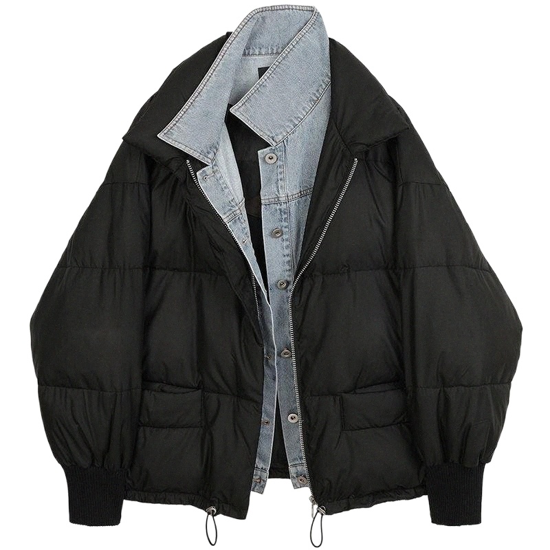 women's Down & Parkas 2021 Fake Two-piece Fashion Warm Cotton Jacket Female Autumn And Winter Loose Large Size Denim Stitching Bread Trend Q