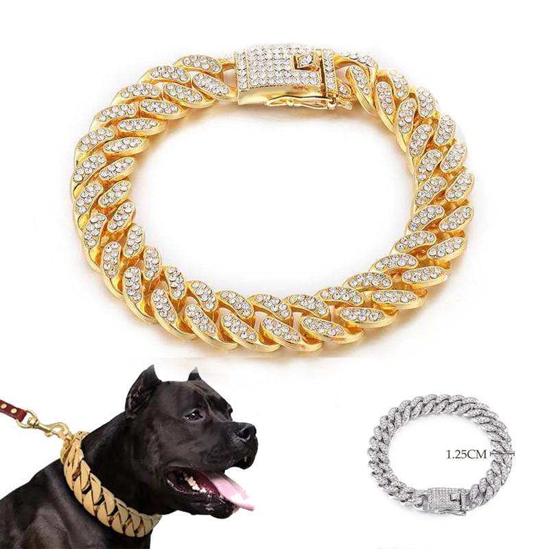 

Dog Collars & Leashes Cat Chain Collar With Diamond Luxury Metal Material 1.25cm Width Perro Rap Hip Hop Cuban Pet Jewelry SuppliesDog