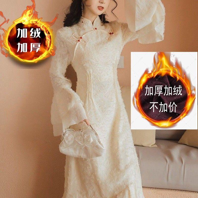 

Casual Dresses Autumn Winter Retro Cheongsam Dress Light Girl Overknee Woman Vestido De Mujer Femme Robe, Black;gray