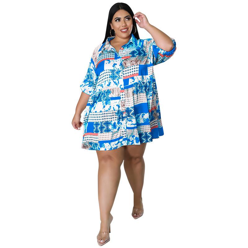 

Plus Size Dresses 4XL 5XL Dress Women Boho Printed Shirt Elegant Vinage Retro Work Office Ladies Loose Sundress Female VestidosPlus, Blue