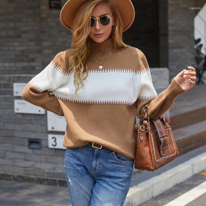 

Women' Sweaters Winter Turtleneck Sweater Pullover 2022 Stitching Striped Women Girl Knitted Coat Contrast Color Knitwear, Green