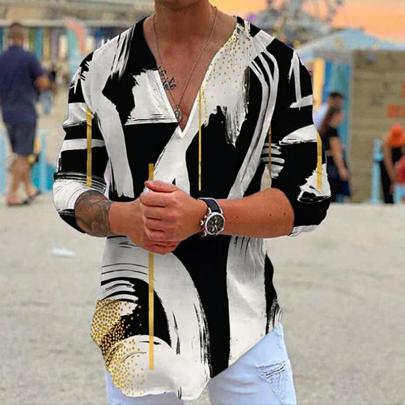 

Spring And Autumn Fashion Luxury Mens Casual Loose 3D Graffiti Print LongSleeved VNeck TShirt Pullover 220614, Photo color