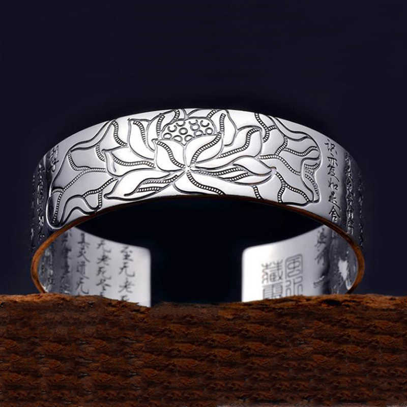 Handmade Vintage Wide Bangles Lotus Mantra Men and Women Tibetan Buddhist Sutra Engraved Lucky Open Jewelry-image-747453728