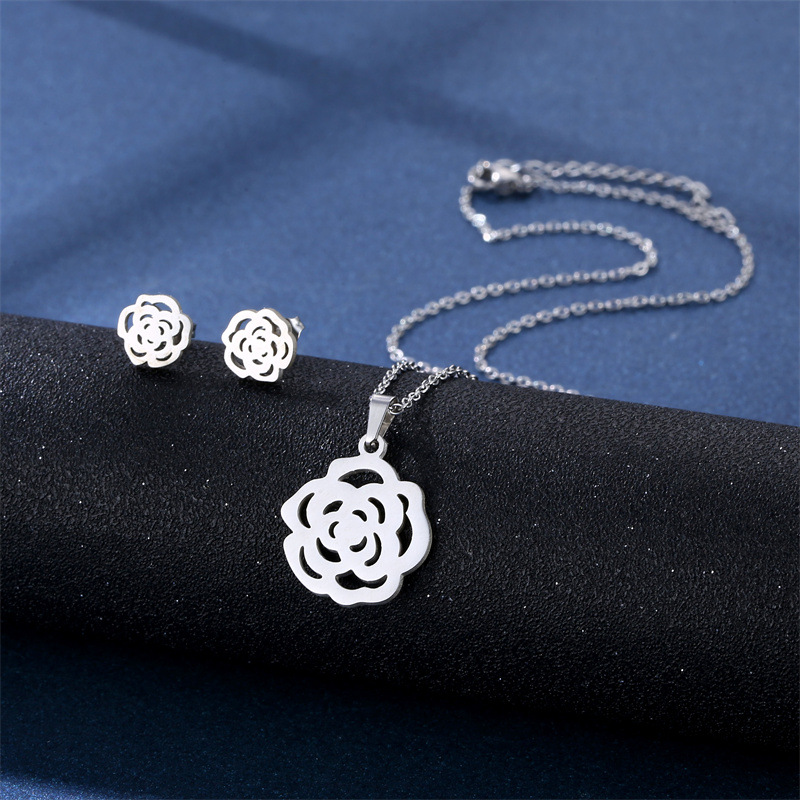 Ensemble de boucles d'oreilles et collier camélia en acier inoxydable pour femmes, nouvelle chaîne de clavicule, pétales géométriques, accessoire