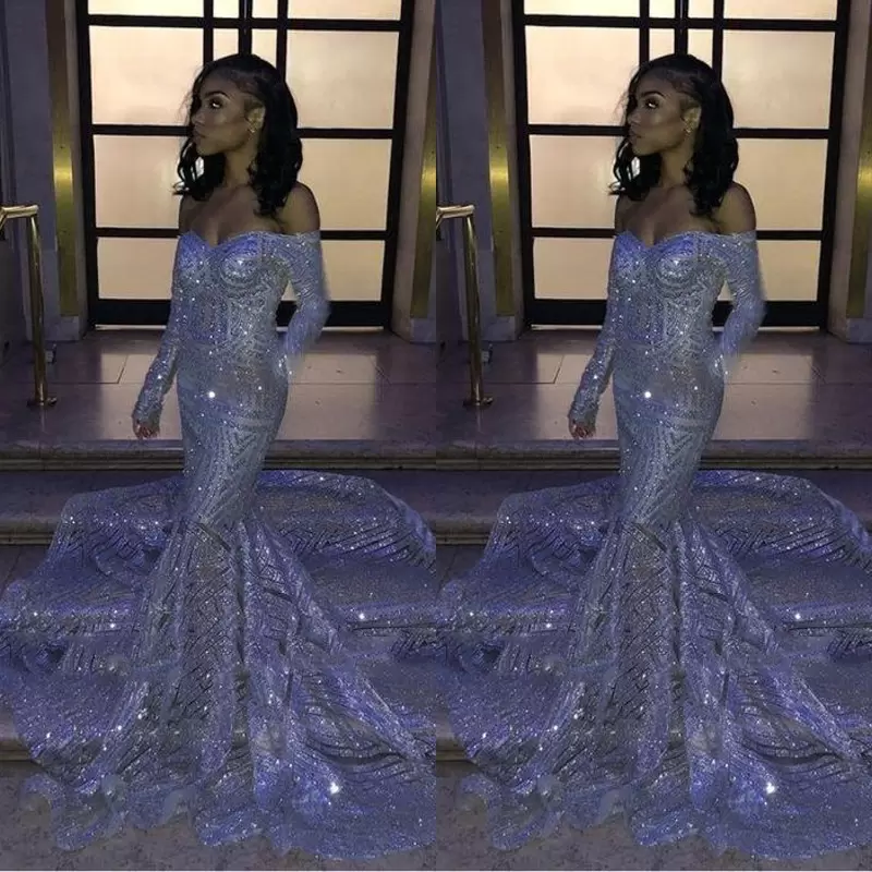 

Black Girl Silver Sequins Off-the-shoulder Mermaid Prom Dresses Long Sleeves Sweep Train Reflective Evening Gowns PRO232, Brown