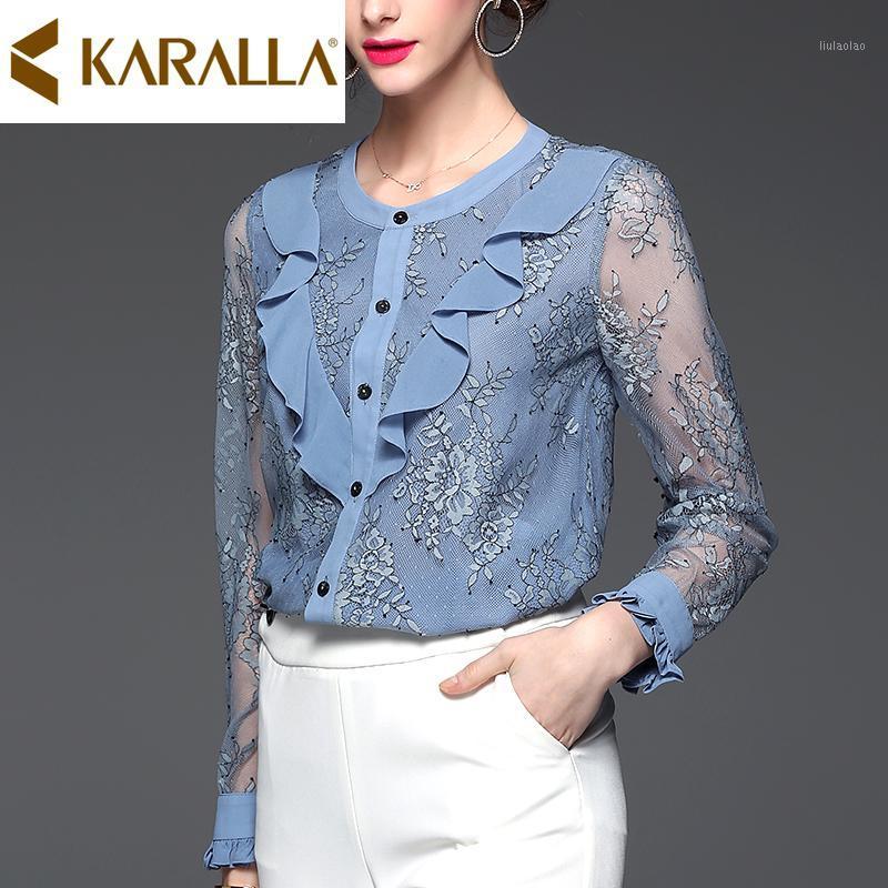 

Women's Blouses & Shirts 20920 Exquisite Ruffled Cuff Long Sleeve Tops Shirt Elegant Lace Women High-grade Embroidery Blouse C566, Blue