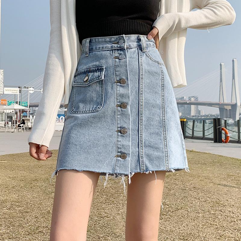 

Skirts Vintage Casual Slim High Waist Women Summer Denim Skirt Girl Korean Pockets Single Brested Buttons A-line Mini Jupe JK1080, Blue