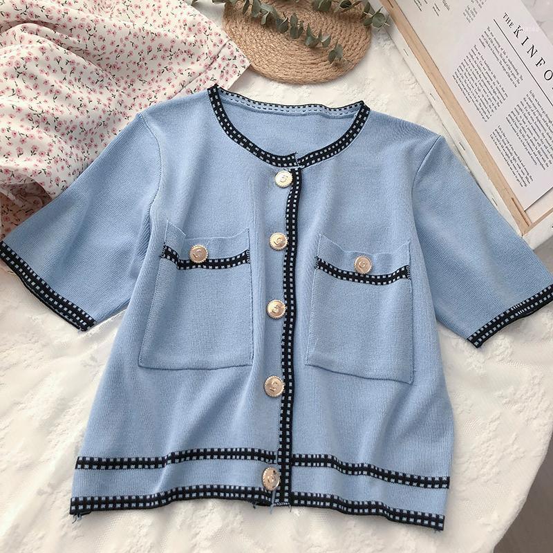 

Women's Blouses & Shirts Summer Korean Style Temperament Small Fragrance Top Women Slim Retro Double Pocket Short-sleeved Knitted Cardigan F, Blue