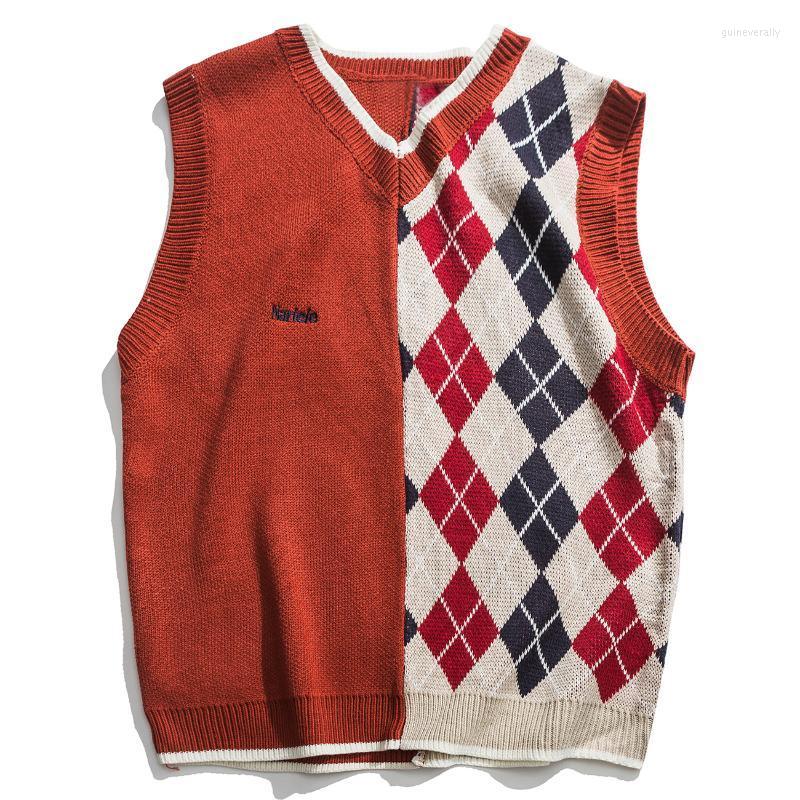 

Men's Vests LACIBLE Streetwear Harajuku Knitted Vest Men Stitching Diamond Graphic Sleeveless Loose Casual Kintted Tank Pullover Tops Guin22, Black