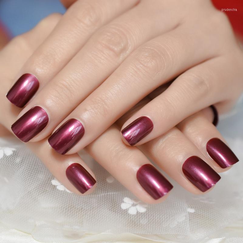 

False Nails Short Dark Red Pearl Shimmer Press On Simple Square Shiny Surface Fake Nail Beauty Sexy Acrylic 24pcs Prud22, L5135