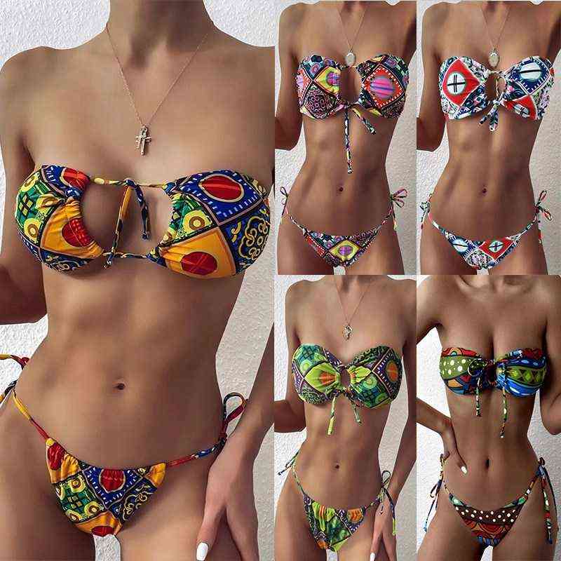 

Bandeau Sexy Bikini Set Tube Hollow Out Tie Side Print Women Swimwear Bandage Padded Brazilian 2021, 01