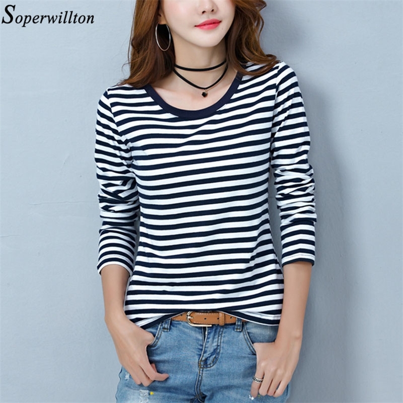 

Long Sleeve T Shirt Female Women's Black White Striped Tshirt Cotton Spring Autumn Tee Lady Tops Basic Casual M09 220321, New-green