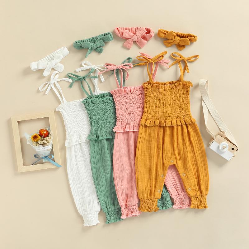 

Clothing Sets Born Girl Outfits Solid Ruffle Trim Elastic Waist Sleeveless Sling Jumpsuit With Bowknot Headband 0-18MClothing ClothingClothi