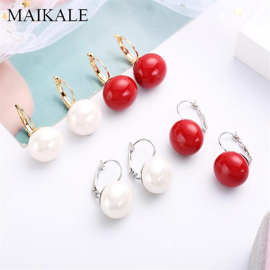 

MAIKALE Simple White Red Pearl Earrings Gold Silver Color Big Ball Earrings with Pearl Drop for Women Girl Jewelry Gift217C