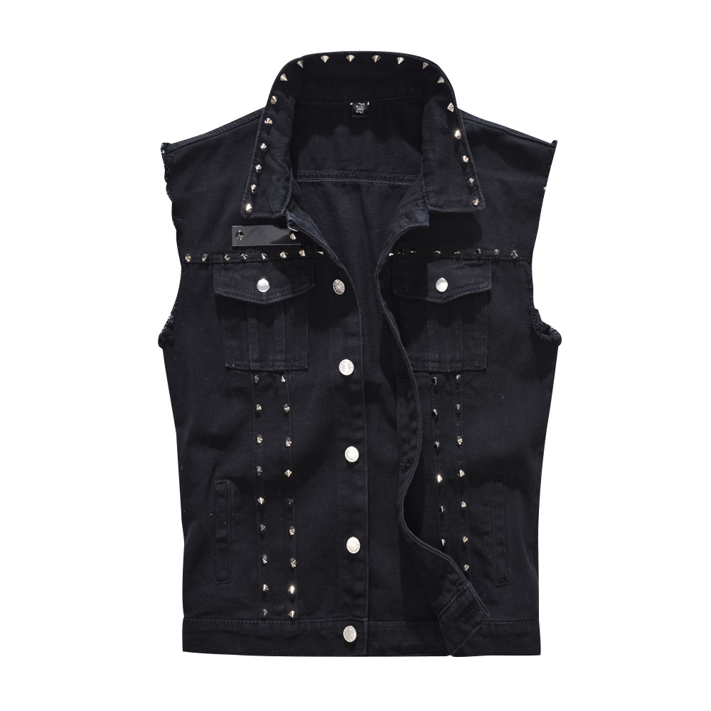 

New 2022 Denim Vest Men Punk Rock Rivet Cowboy Black Jeans Waistcoat Fashion Men Motorcycle Style Sleeveless Jacket M-5XL