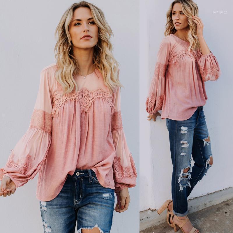 

Woman Blouse Lantern Sleeve Tops Autumn Spring Long O-neck Drop Women' Blouses & Shirts, Blue