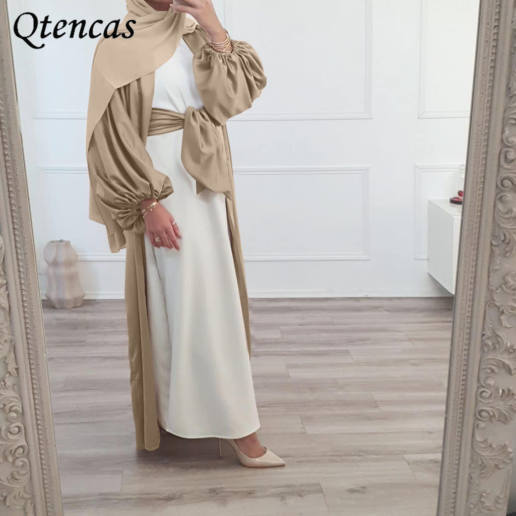

Kimono Open Abaya Dubai Satin Muslim Dress Women Balloon Long Sleeve Islam Clothing Turkey Modest Outfit Cardigan Abayas Caftan