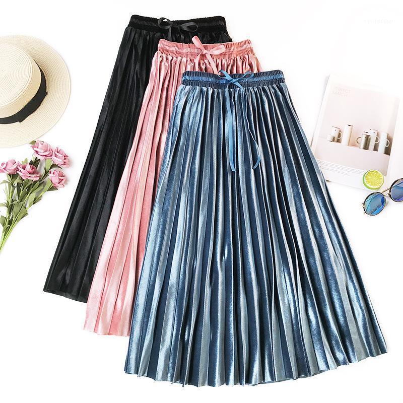 

Skirts Velvet Pleated Women 2022 Autumn Winter Fashion Streetwear Midi Skirt Ladies Elastic Bow Hight Waist Korean Casual, Black