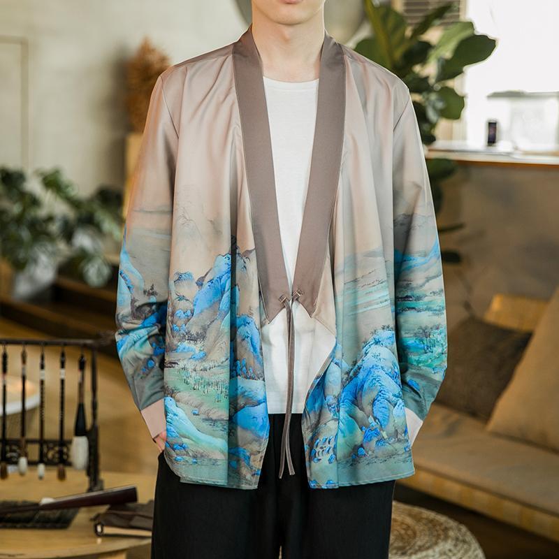 

M-5XL Plus Size Mens Kimono Painting Patchwork Cloak Open Front Cardigan Jackets Vintage Streetwear Collarless Shirts Men XXXXXL Men's Casua, Khaki kimono shirt