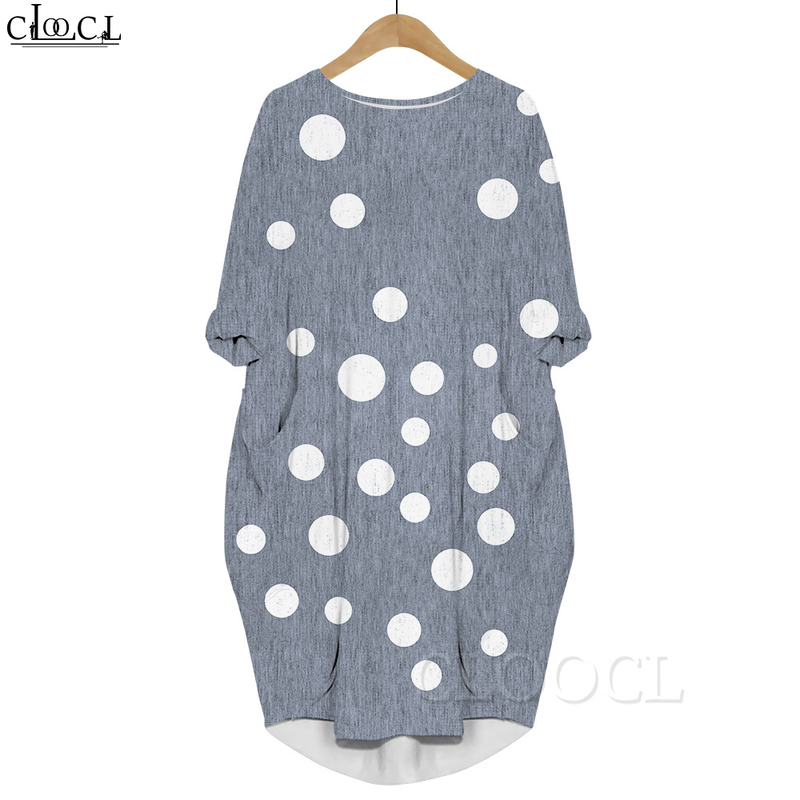 

Women White Dots 3D Printed Dress Long Sleeve Gown Pocket Round Neck Dresses Fashion Summer Dresses Robe 220616, Long sleeved dress 2