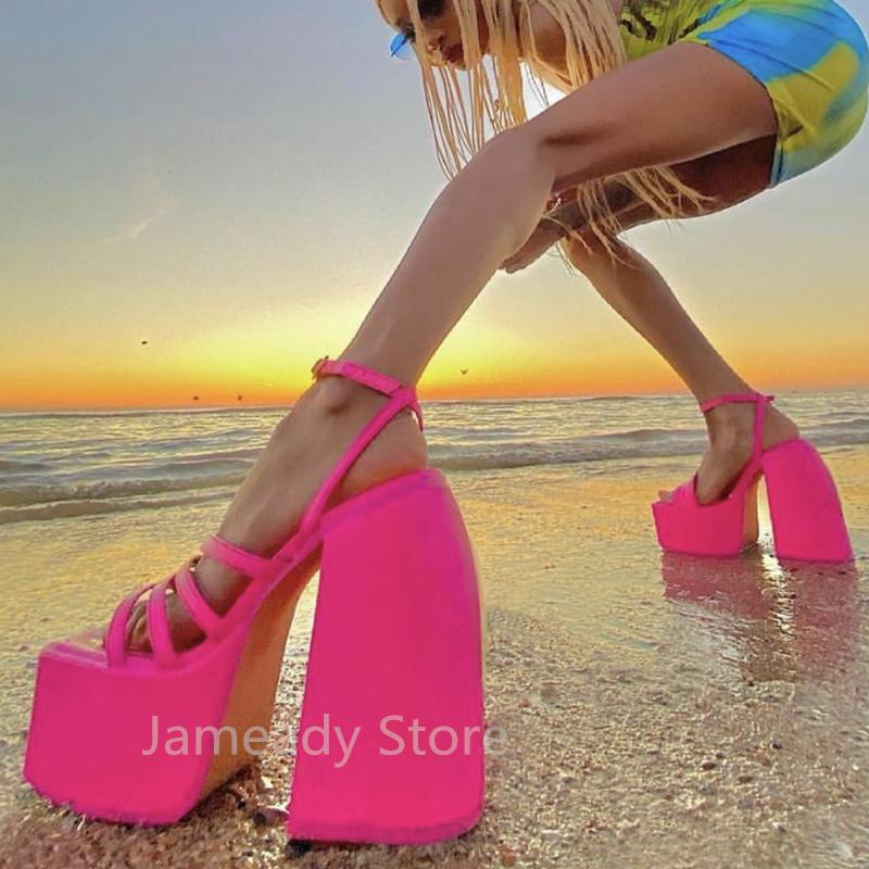 

Sandals Leather Strappy Designed Chunky Platform Square High Heel Shoes Summer Sexy Party Heels Ladies Buckles Prom Sandalias, White