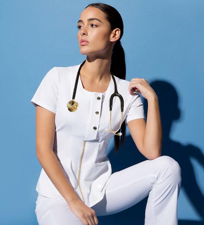 

grey' anatomy Beauty Salon Scrubs Workwear Nursing Clothes Surgical Overalls ICU Women' Scrub Set Metal Zipper Top And Pants Uniform YL032, Black