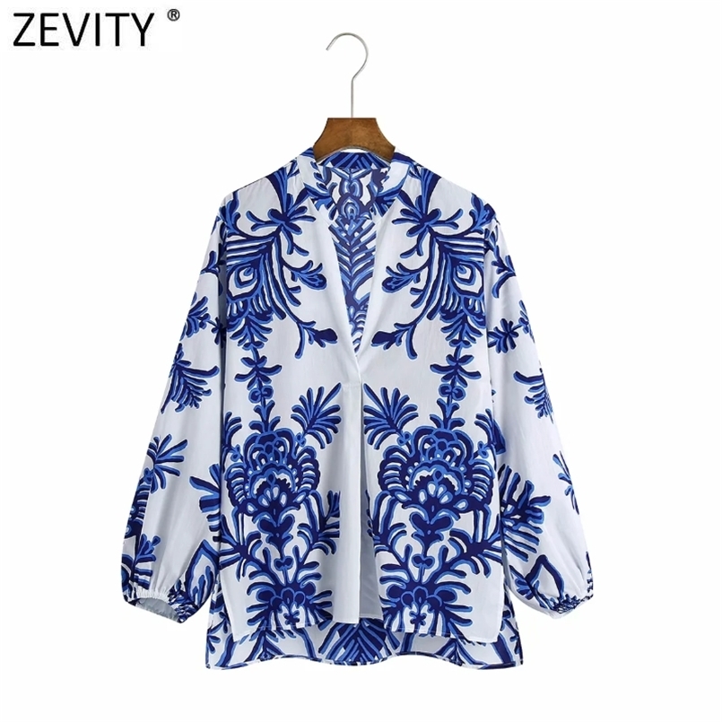 

Zevity Women Vintage Blue Totem Floral Print Smock Blouse Office Ladies Business Casual Shirt Chic Loose Blusas Tops LS9468 220407, As pic ls9468bb