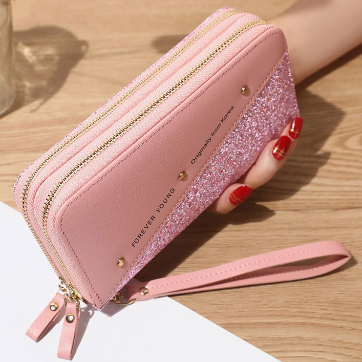 

Women Wallets Lady Long Coin Purses Cards Holder Woman Double Zippers Handbags Billfold Wallet Burse Wristlet Money Bags Pocket, One zipper black