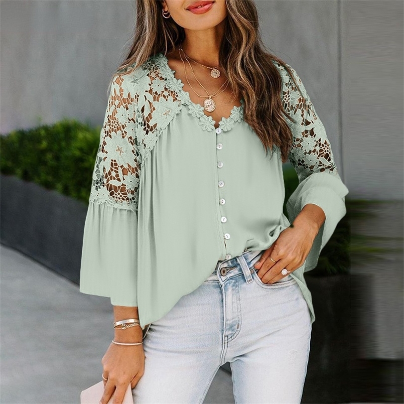 

Women s casual oversize spring blouses lace and v neck 220728, White