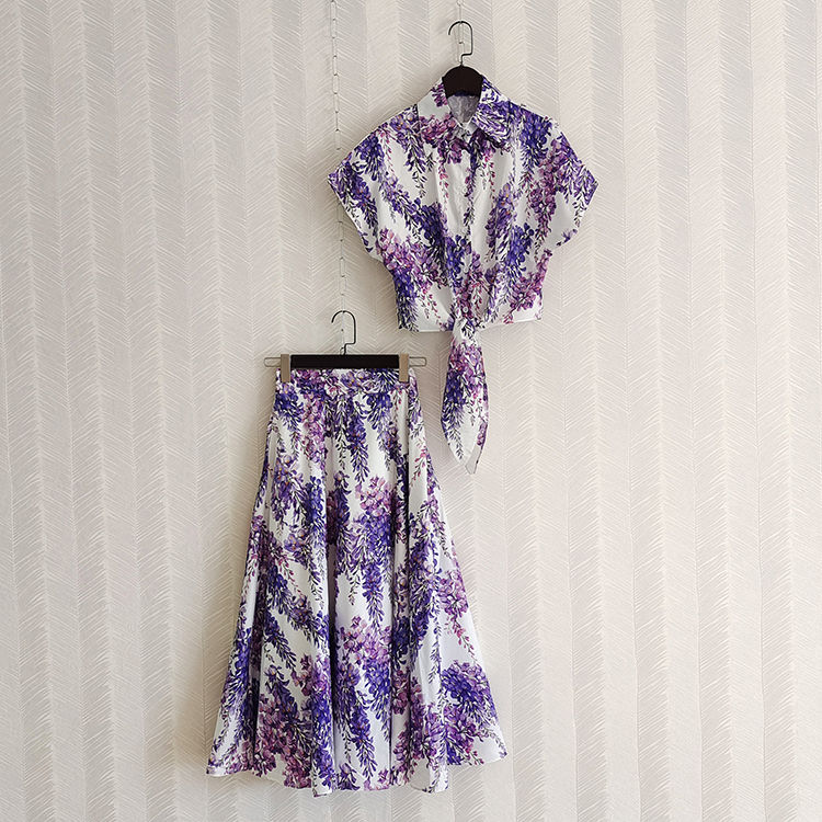 Robe de deux pièces de piste Nouveau ensemble sicilien Femmes Purple Bow Short Top High Wistral Print Jirt Jirt