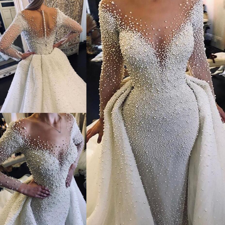 

2022 Major Pearls Mermaid Wedding Dresses Sheer Crew Neck Long Sleeves See THrough Wedding Gowns With Removable Train Bridal Dress VOG343, White