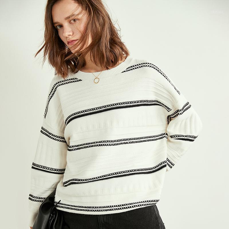 

Women' Sweaters JECH2022 Winter Cashmere Wool Casual Women Sweater O-Neck Black And White Striped Pullovers
