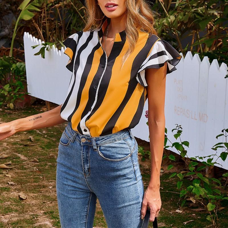 

Women' Blouses & Shirts Office Ladies Blouse Summer Ruffles Sleeveless Female Top Women Striped Print, Yellow