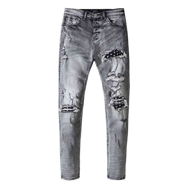 

Men's Jeans jeans rabbit print sticker embroidery men's casual hole patch slim fit, Gray